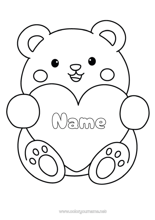 Colouring page to print Bear Heart I Love You. Animal Teddy Bear Easy Colouring Pages Forest Animals