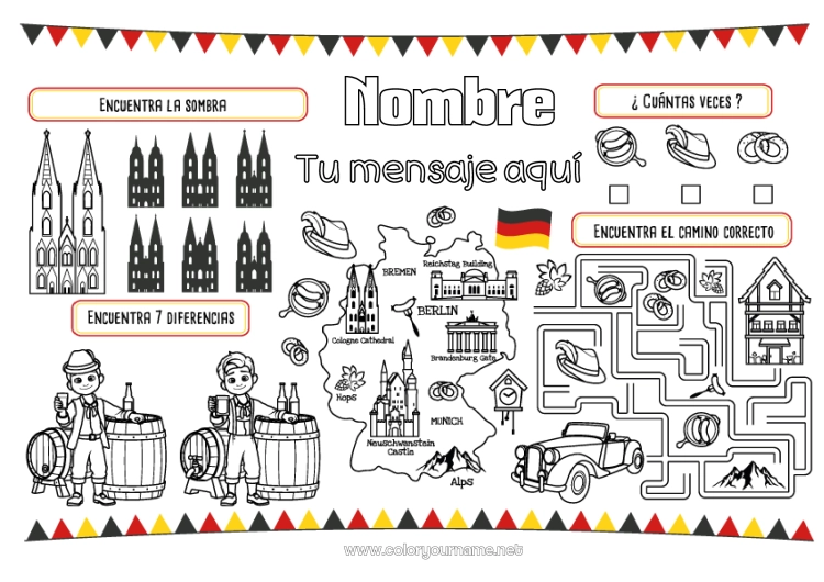 Dibujo para colorear para imprimir Actividades para niños Buscar y encontrar Laberinto Monument Mapa del pais Mantel individual para imprimir Alemania Encuentra las Diferencias