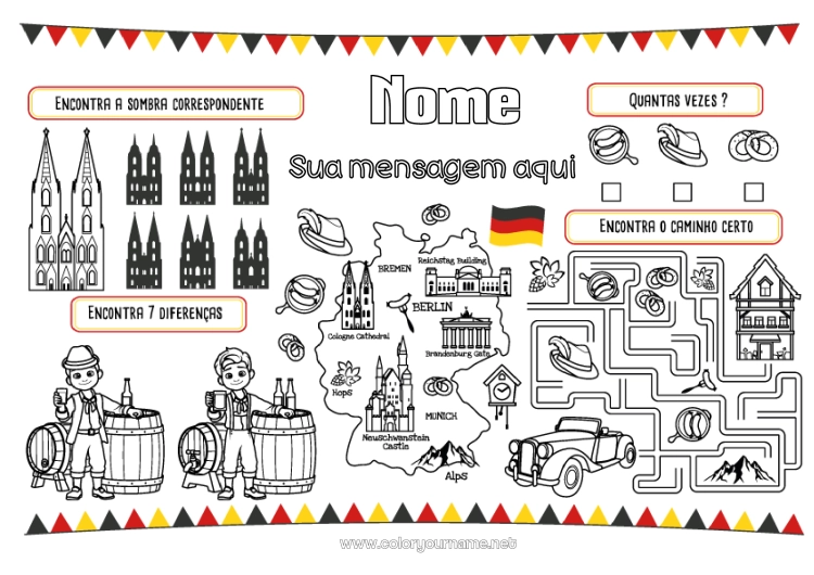 Página de desenho para imprimir Atividades para Crianças Ache e Encontre Labirinto Monumento Mapa dos países Jogo americano para imprimir Alemanha Encontre as Diferenças