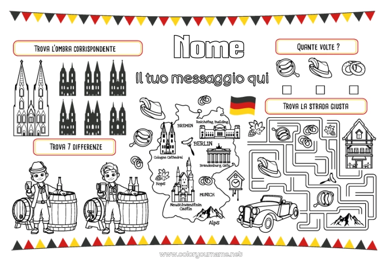 Pagina da colorare da stampare Attività per Bambini Cerca e trova Labirinto Monumento Mappa dei paesi Tovaglietta da stampare Germania Trova le Differenze