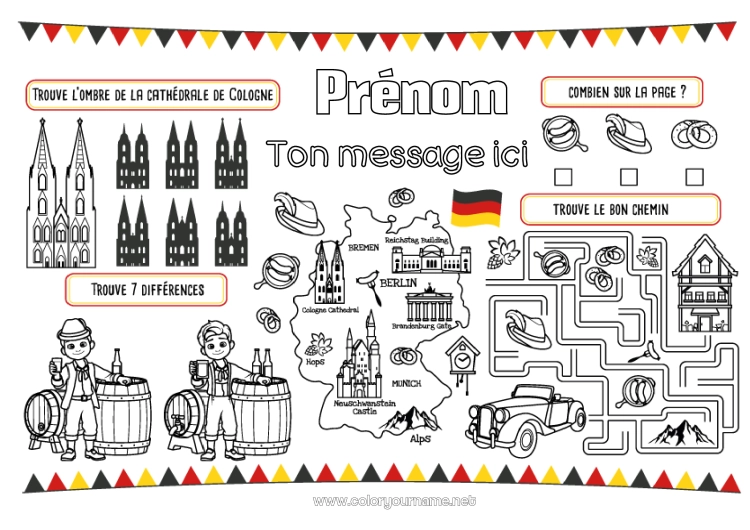 Coloriage à imprimer Activités enfants Cherche et trouve Labyrinthe Monument Carte des pays Set de table à imprimer Allemagne Jeu des différences