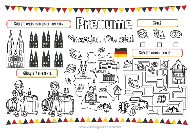 Pagină de colorat de imprimat Activități pentru copii Caută și găsește Labirint Monument Hartă a țărilor Set de masă de imprimat Germania Jocul diferențelor