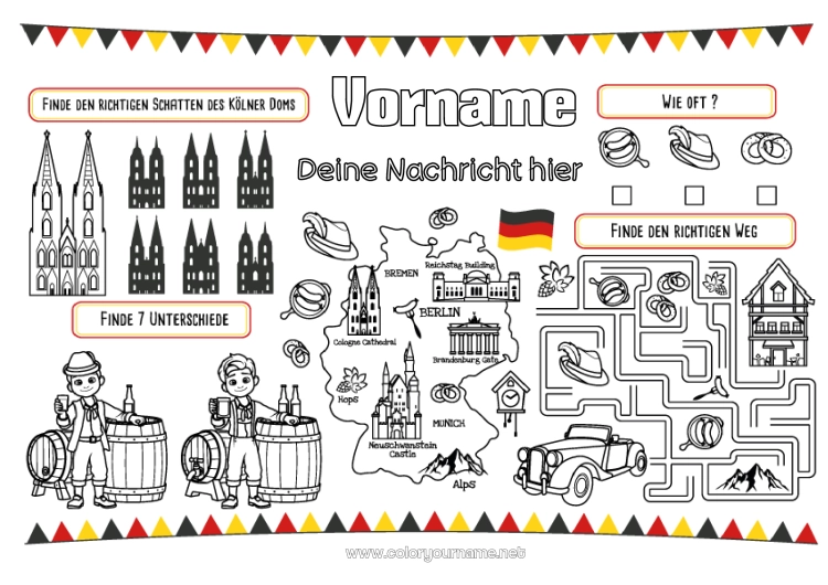 Malvorlage zum Ausdrucken Kinderaktivitäten Finde und entdecke Labyrinth Denkmal Landkarten Tischset zum Ausdrucken Deutschland Finde die Unterschiede