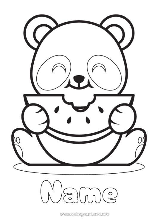 Coloring page to print Kawaii Animal Panda Fruits Easy coloring pages Other animals of the world Watermelon