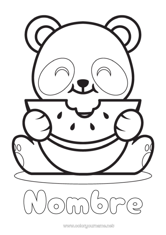 Dibujo para colorear para imprimir Kawaii Animales Panda Frutas Dibujos fáciles para colorear Otros animales del mundo Sandía