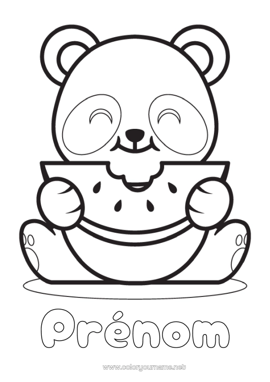 Coloriage à imprimer Kawaii Animal Panda Fruits Coloriages faciles Autres animaux du monde Pastèque