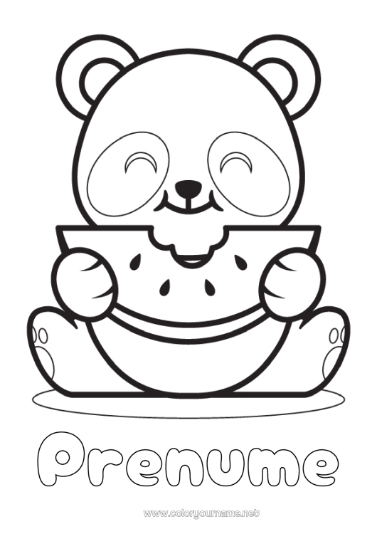 Pagină de colorat de imprimat Drăguț Animal Panda Fructe Desene de colorat ușoare Alte animale din lume Pepene verde