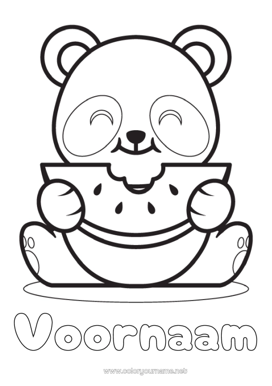 Kleurplaat om af te drukken Kawaii Dier Panda Fruit Eenvoudige kleurplaten Andere dieren van de wereld Watermeloen