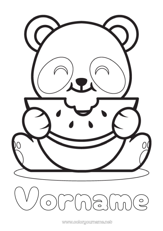 Malvorlage zum Ausdrucken Kawaii Tier Panda Früchte Einfache Ausmalbilder Andere Tiere der Welt Wassermelone