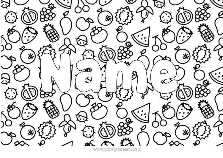 Colouring page to print Decorated Name Cherry Pineapple Fruit Strawberry Watermelon Banana Pear Grape Apple Decorative Background