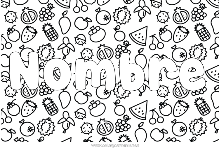 Dibujo para colorear para imprimir Nombre decorado Cereza Piña Frutas Fresa Sandía Plátano Pera Uva Manzana Fondo decorativo