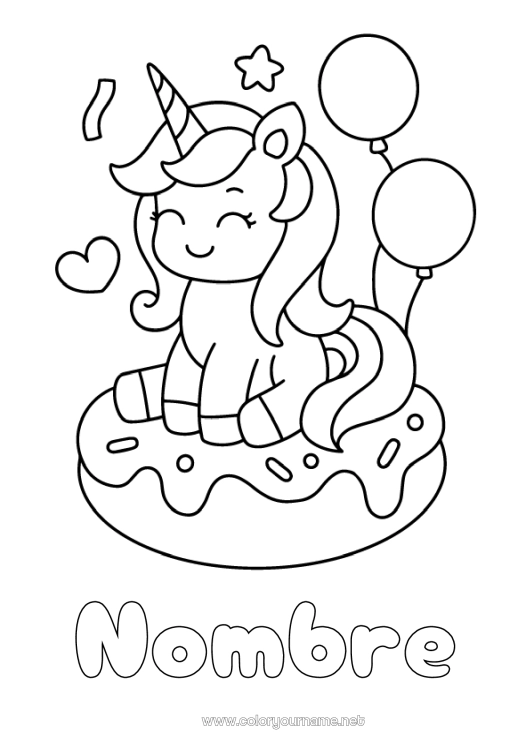 Dibujo para colorear para imprimir Unicornio Globos Fiesta Animales Donuts Dibujos fáciles para colorear Dragones, unicornios y animales fantásticos