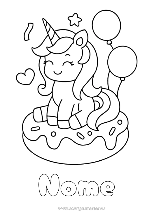 Página de desenho para imprimir Unicórnio Bolas Festa Animal Rosquinhas Desenhos para colorir fáceis Dragões, unicórnios e animais fantásticos