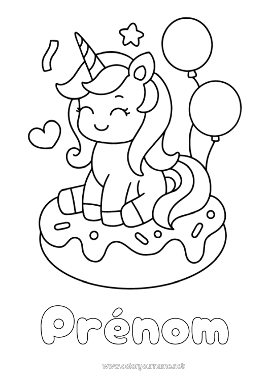 Coloriage à imprimer Licorne Ballons Fête Animal Donuts Coloriages faciles Dragons, licornes et animaux fantastiques