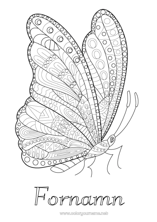 Färgläggningssida att skriva ut Fjäril Djur Komplexa målarbilder Zentangle Insekter