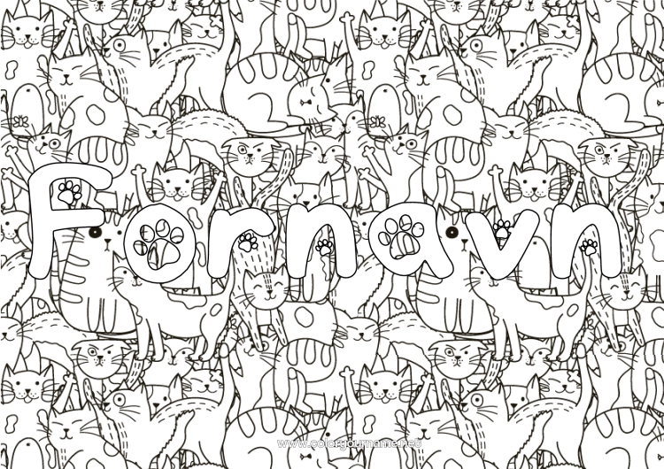 Fargeleggingssiden til utskrift Katt Dyr Dekorert navn Doodle Komplekse fargelegginger Hunder og katter Dekorativ bakgrunn
