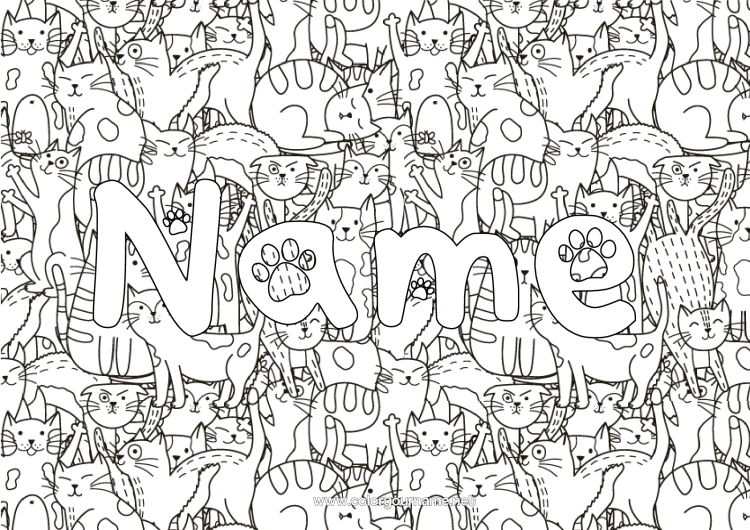 Coloring page to print Cat Animal Decorated name Doodle Complex coloring pages Dog and cat Decorative background