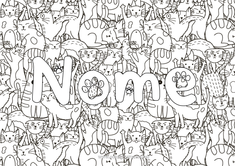 Página de desenho para imprimir Gato Animal Nome decorado Doodle Colorações Complexas Cães e gatos Fundo decorativo