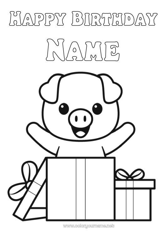 Coloring page to print Gifts Birthday Kawaii Pig Animal Easy coloring pages Happy Birthday (English) Message Farm animals