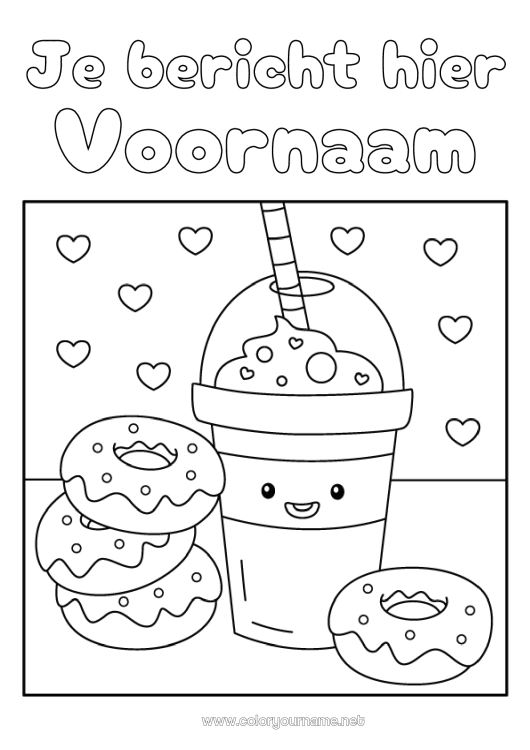 Kleurplaat om af te drukken Kawaii Donuts Drankje Frisdrank Bubble tea