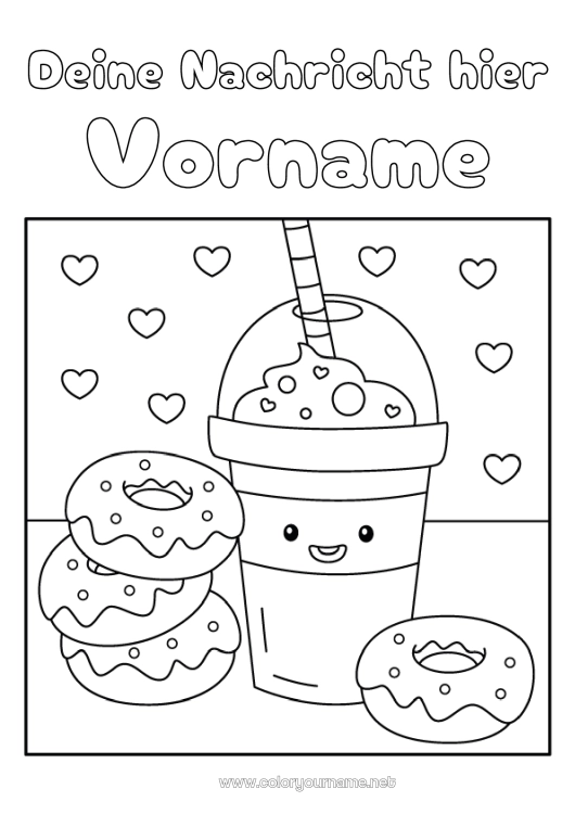Malvorlage zum Ausdrucken Kawaii Donuts Getränk Soda Bubble Tea