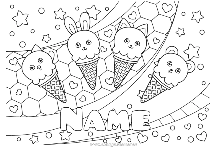 Coloring page to print Heart Cat Kawaii Fox Bunny Animal Teddy Bear Stars Treats Ice cream Dog and cat Forest animals Decorative background