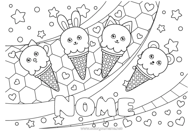 Página de desenho para imprimir Coração Gato Kawaii Raposa Coelho Animal Filhote de urso Estrelas Guloseimas, doces Sorvete Cães e gatos Animais da floresta Fundo decorativo