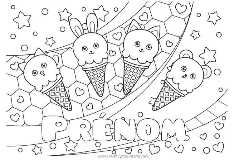Coloriage à imprimer Coeur Chat Kawaii Renard Lapin Animal Ourson Étoiles Gourmandises, sucreries Glace Chiens et chats Animaux de la forêt Fond décoratif