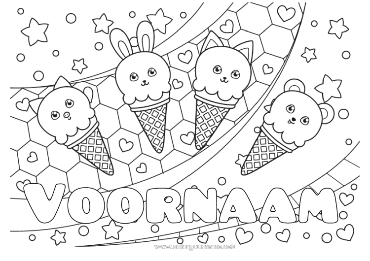 Kleurplaat om af te drukken Hart Kat Kawaii Vos Konijn Dier Knuffelbeer Sterren Lekkernijen, zoetigheden IJs Honden en katten Bosdieren Decoratieve achtergrond