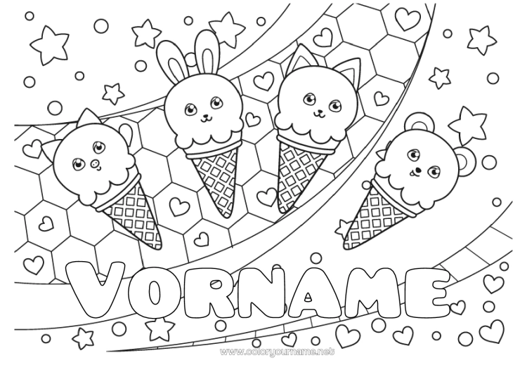 Malvorlage zum Ausdrucken Herz Katze Kawaii Fuchs Hase Tier Teddybär Sterne Leckereien, Süßigkeiten Eis Hunde und Katzen Waldtiere Dekorativer Hintergrund