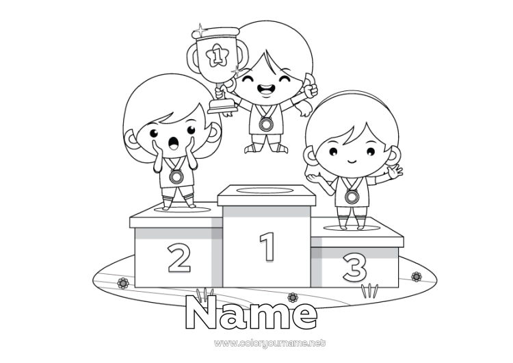 Coloring page to print Sport Child Cup, trophy, medal Competitions and Rewards Podium