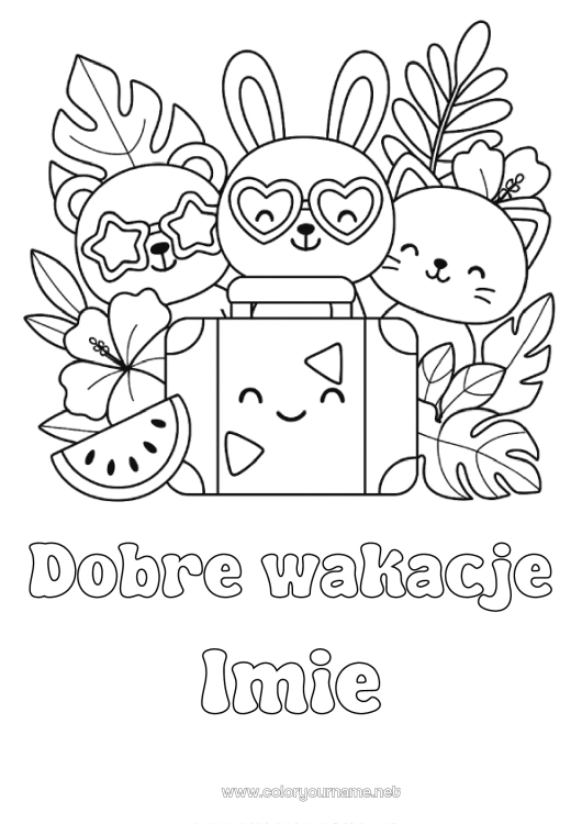 Kolorowanka do wydruku Kot Uroczy Wakacje Zając Zwierzę Niedźwiadek Owoce Psy i koty Zwierzęta leśne Hibiskus Arbuz Walizki i bagaże Okulary przeciwsłoneczne