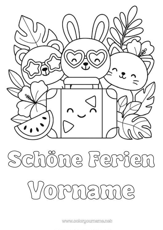 Malvorlage zum Ausdrucken Katze Kawaii Urlaub Hase Tier Teddybär Früchte Hunde und Katzen Waldtiere Hibiskus Wassermelone Koffer und Gepäck Sonnenbrille