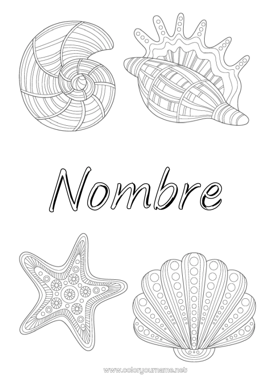Dibujo para colorear para imprimir Animales Conchas marinas Zentangle Estrella de mar Animales marinos o acuáticos
