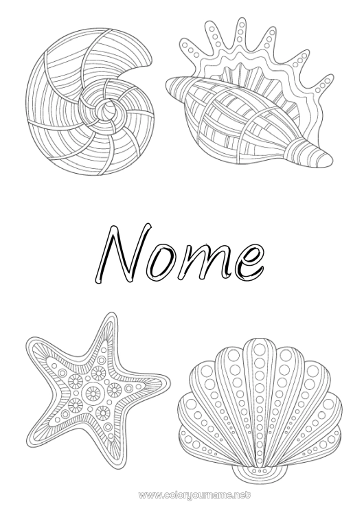 Página de desenho para imprimir Animal Conchas Zentangle Estrela do mar Animais marinhos ou aquáticos