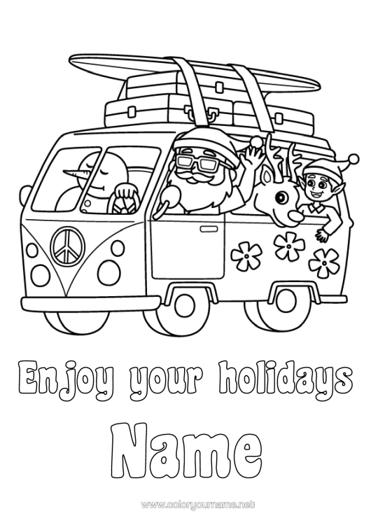 Colouring page to print Father Christmas Reindeer Snowman Christmas Elves Holidays Summer Vehicles Elf Colouring Pages Surfing Forest Animals Van Cars, Vans And Motorhomes Water Sports