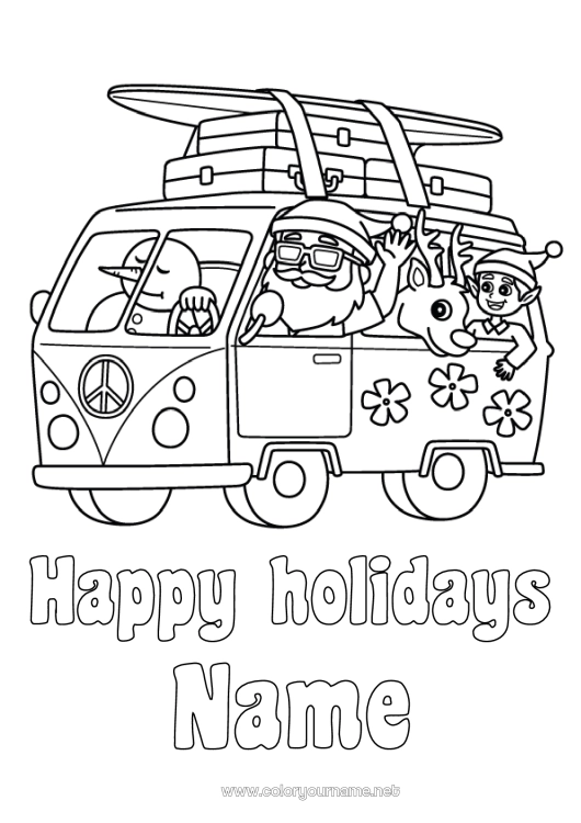 Coloring page to print Santa Claus Reindeer Snowman Christmas elves Holidays Summer Vehicles Elves coloring pages Surf Forest animals Van Cars, vans, and motorhomes Nautical sports