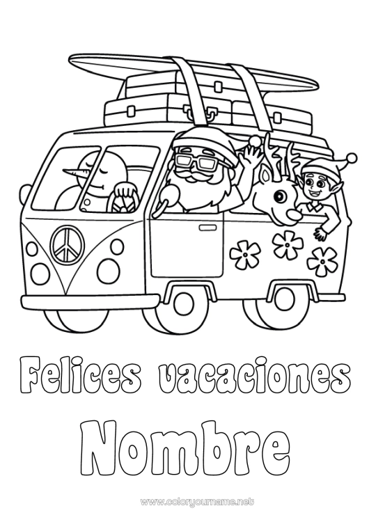 Dibujo para colorear para imprimir Papá Noel Reno Muñeco de nieve Elfos de navidad Vacaciones Verano Vehículos Dibujos de Elfos para colorear Surf Animales del bosque Van furgoneta Automóviles, furgonetas y autocaravanas Deportes náuticos