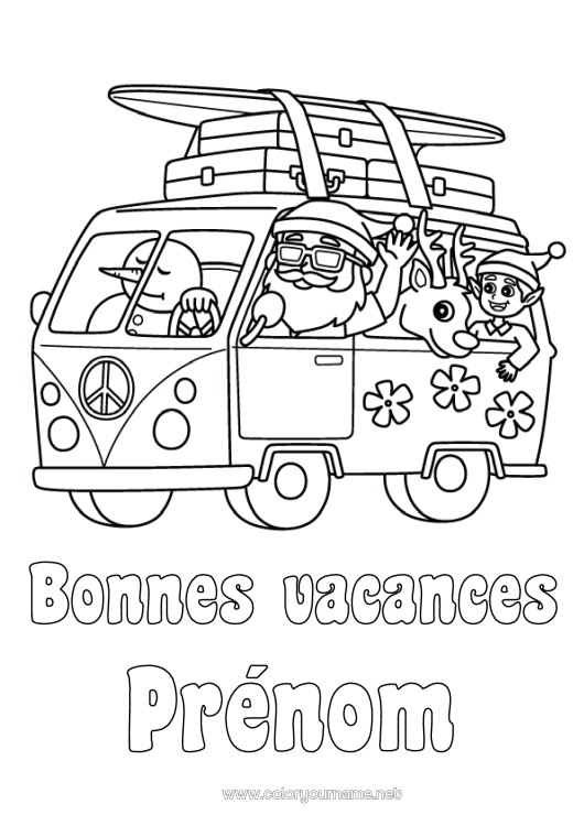 Coloriage à imprimer Père Noël Renne Bonhomme de neige Lutins de Noël Vacances Été Véhicules Coloriages lutins Surf Animaux de la forêt Van Voitures, vans et camping-cars Sports nautiques
