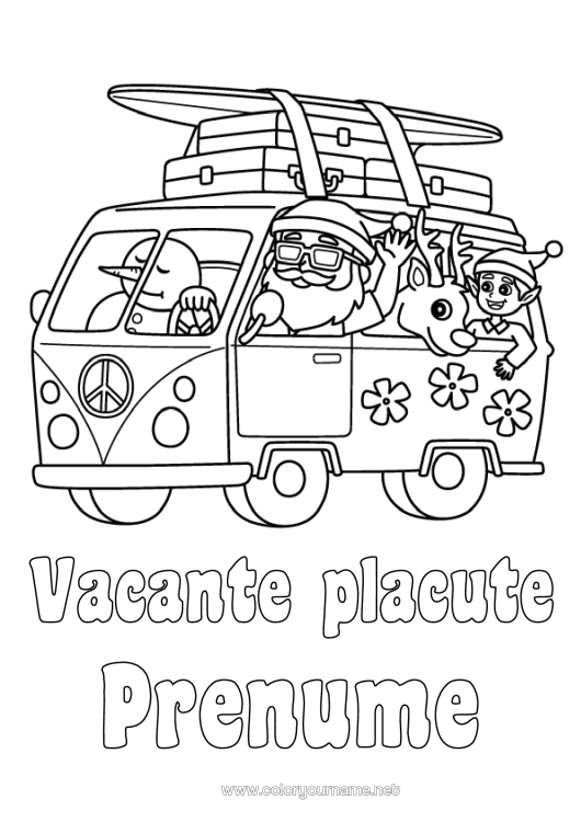 Pagină de colorat de imprimat Moș Crăciun Ren Om de zăpadă Moșneguții de Crăciun Vacanțe Vara Vehicule Desene de colorat cu spiriduși Surf Animale din pădure Furgon Mașini, furgonete și autorulote Sporturi nautice