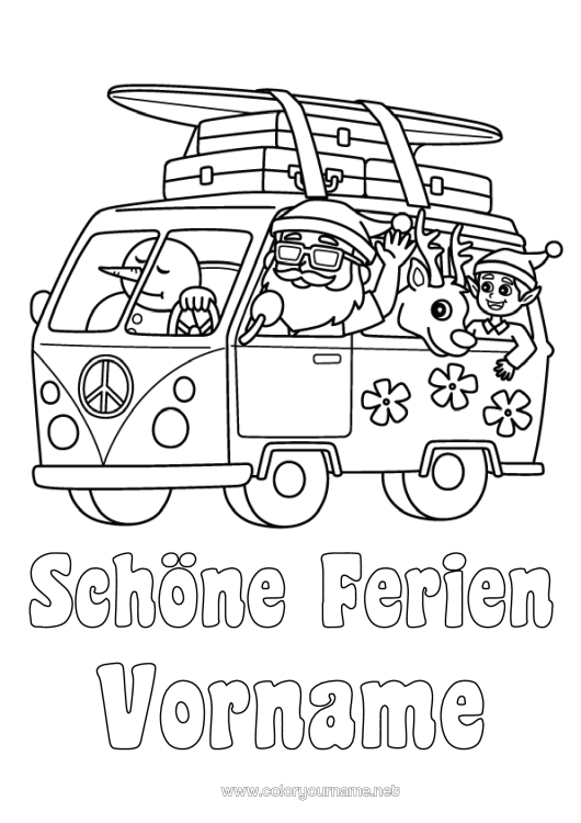 Malvorlage zum Ausdrucken Weihnachtsmann Rentier Schneemann Weihnachtself Urlaub Sommer Fahrzeuge Elfen Ausmalbilder Surfen Waldtiere Van Autos, Vans und Wohnmobile Wassersport