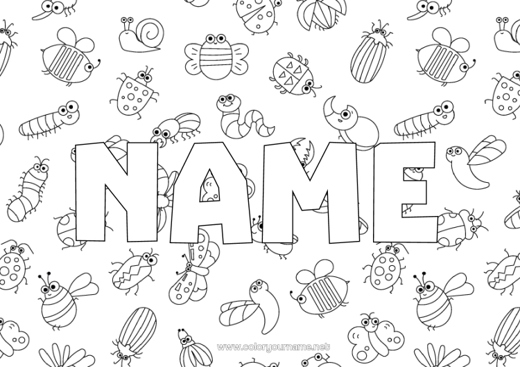 Coloring page to print Butterfly Animal Bee Decorated name Ladybug Insects Caterpillar Mosquito Worm Decorative background
