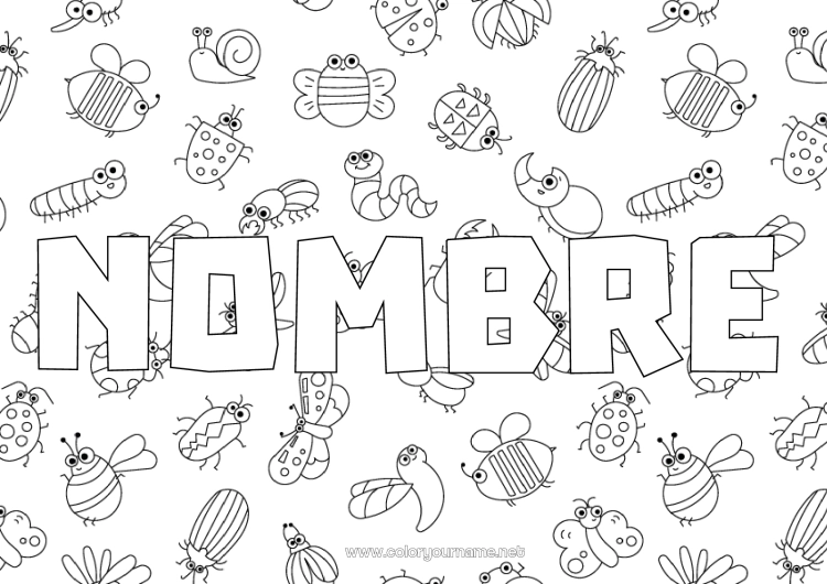 Dibujo para colorear para imprimir Mariposa Animales Abeja Nombre decorado Mariquita Insectos Oruga Mosquito Lombriz Fondo decorativo