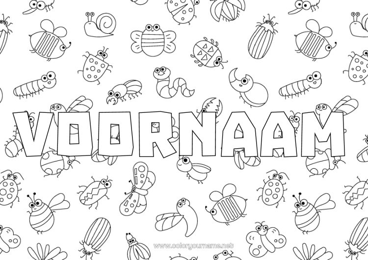 Kleurplaat om af te drukken Vlinder Dier Bij Gedecoreerde naam Lieveheersbeestje Insecten Rups Mug Worm Decoratieve achtergrond