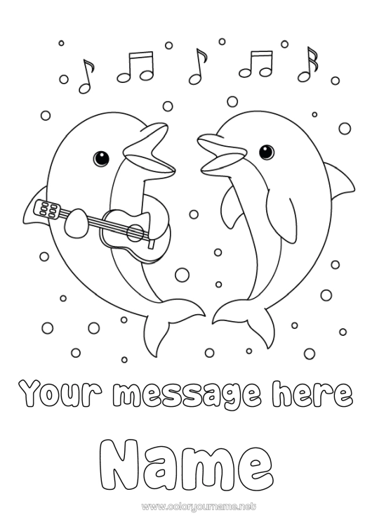 Coloring page to print Animal Dolphin Music Marine or aquatic animals World Music Day Guitar Musical instruments