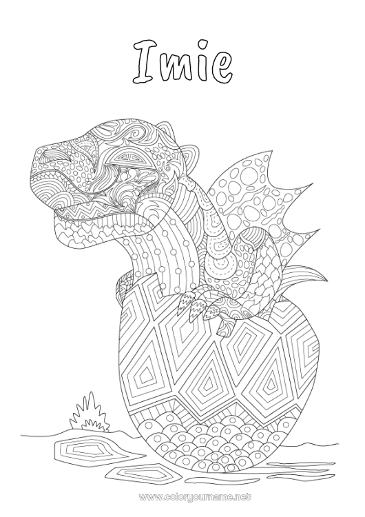Kolorowanka do wydruku Smok Zwierzę Złożone kolorowanki Zentangle Smoki, jednorożce i fantastyczne zwierzęta Jajko