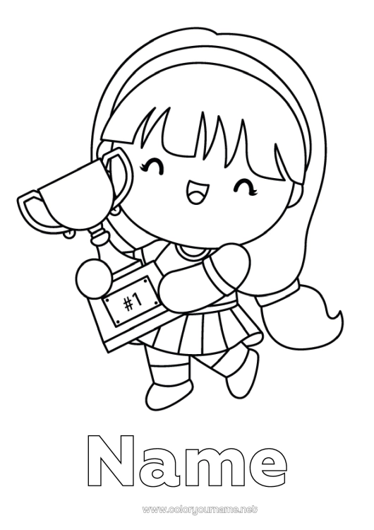 Coloring page to print Sport Girl Cup, trophy, medal Champion Tennis Racket sports Competitions and Rewards Cup, trophy