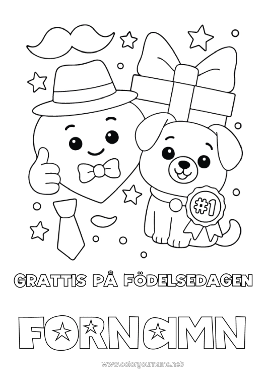 Färgläggningssida att skriva ut Hjärta Gåvor Pappa Grattis på födelsedagen Hund Djur Hatt Hundar och katter Mustasch