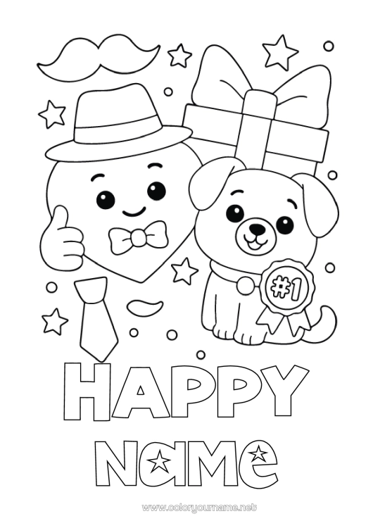 Coloring page to print Heart Gifts Dad Happy feast day ! Dog Animal Hat Dog and cat Moustache