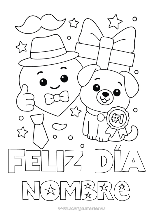 Dibujo para colorear para imprimir Corazón Regalos Papá Feliz día de fiesta Perro Animales Sombrero Perros y gatos Bigote